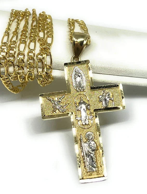 10k Solid Gold 2-Tone 5 Way Pendant Necklace Virrgin Mary, Sann Bennito, St. Michael, Saan Judas, Nino Dios