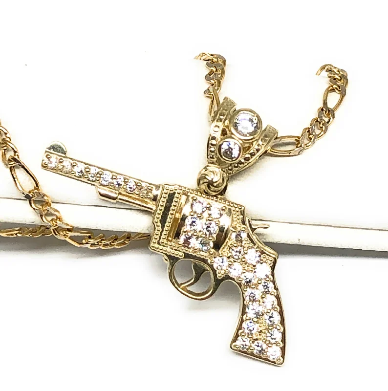 10k Solid Gold CZ Revolver Pistol Pendant Necklace