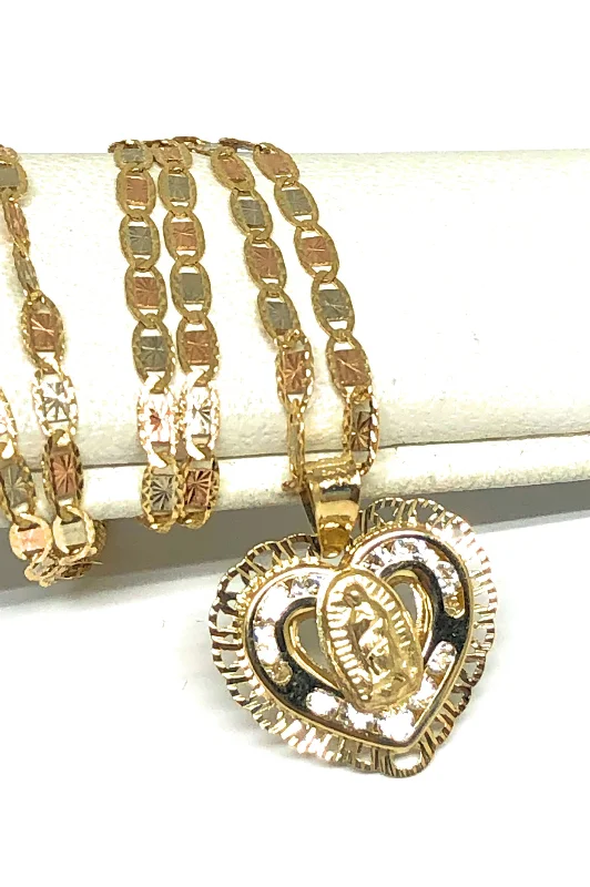 10k Solid Gold Tri-Color Virrgin Mary CZ Heart Pendant Necklace Virrgen Gaudalupe