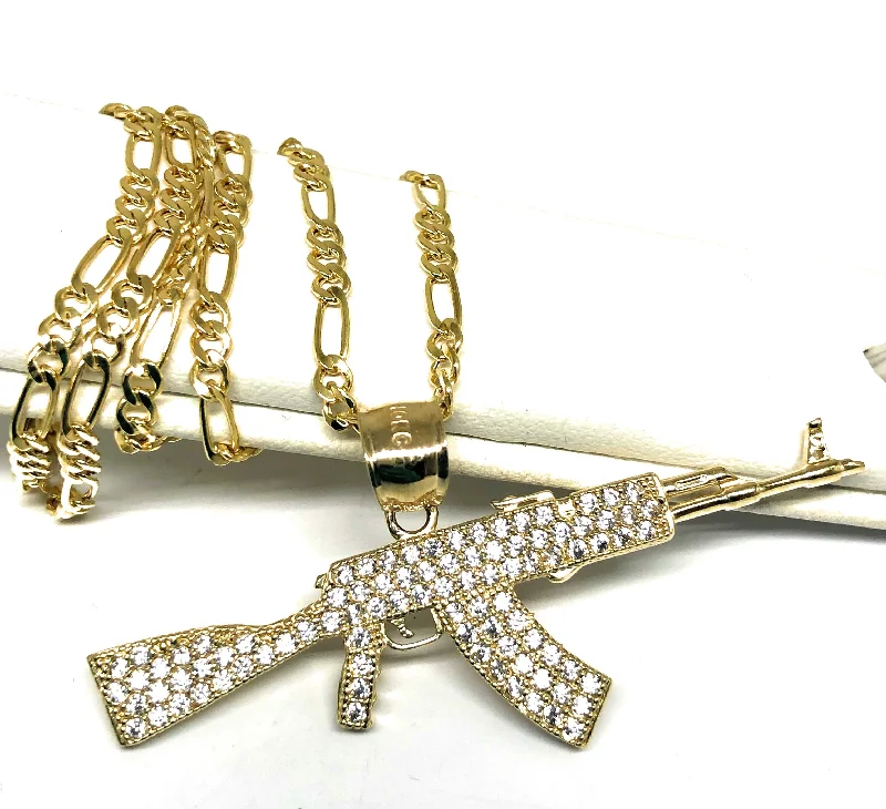 10k Solid Gold Yellow Full CZ Machine Gun AK-47 CZ Pendant Necklace