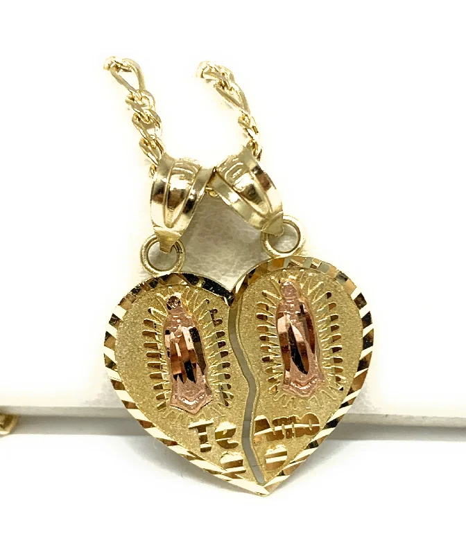 10k Solid Gold Yellow & Rose Gold Double Virrgin Mary "Te Amo" Heart Split Pendant