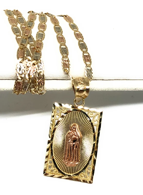 10k Solid Gold Yellow & Rose Virrgin Mary Square Pendant Virrgen Guadalupe Necklace