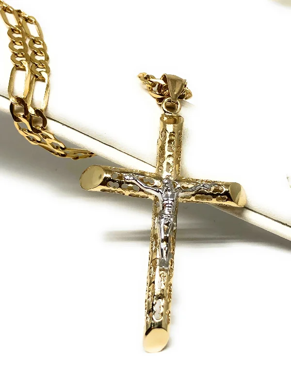 14k Solid Gold 2-Tone Jesus Hollow Termite Cross Pendant Necklace Crucifix (LG, XL)