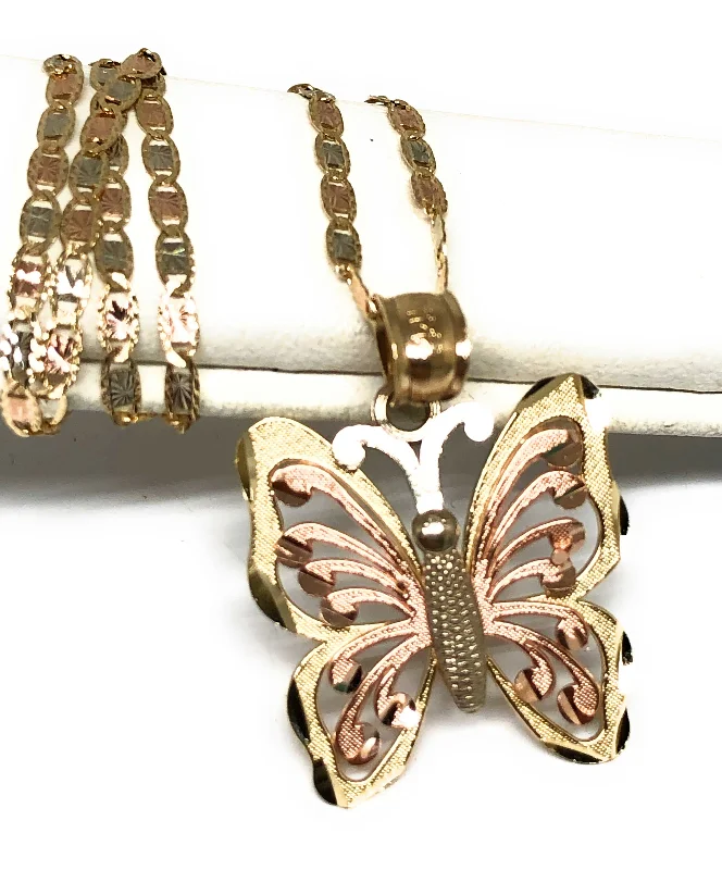 14k Solid Gold Tri-Color Small Butterfly Pendant Necklace Valentina Chain (MED)