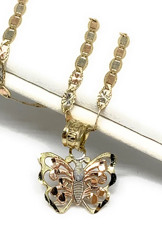 14k Solid Gold Tri-Color Small Butterfly Pendant Necklace Valentina Chain (SM)