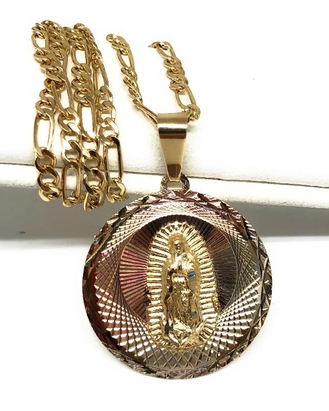 14k Solid Gold Tri-Color Virrgin Mary Round Pendant Virrgen Guadalupe Figaro Chain (SM,MED,LG)