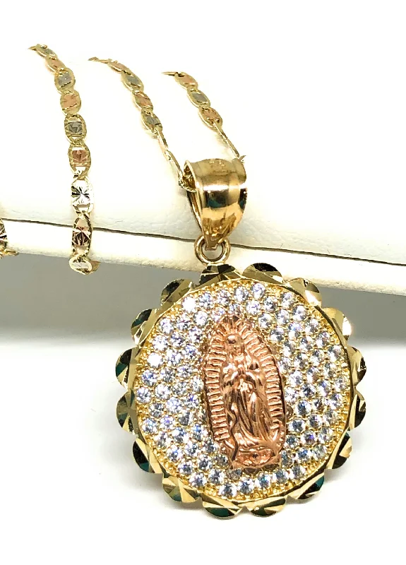 14k Solid Gold Virrgin Mary CZ Round Pendant  Virrgen Guadalupe Valentina Chain