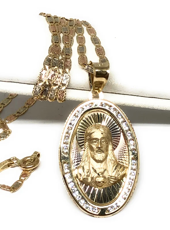 14k Solid Gold Yellow Gold Jesus Sagrado Corazon Oval CZ Pendant Necklace Valentina Chain