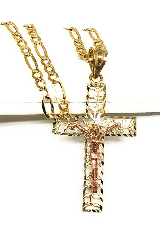 14k Solid Gold Yellow & Rose 2-Tone Filigran Leaf Jesus Cross Crucifix Pendant Necklace