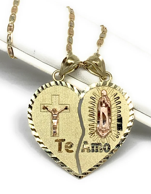 14k Solid Gold Yellow & Rose Gold Virrgin Mary Jesus Cristo "Te Amo" Heart Split Pendant (LG,MED)