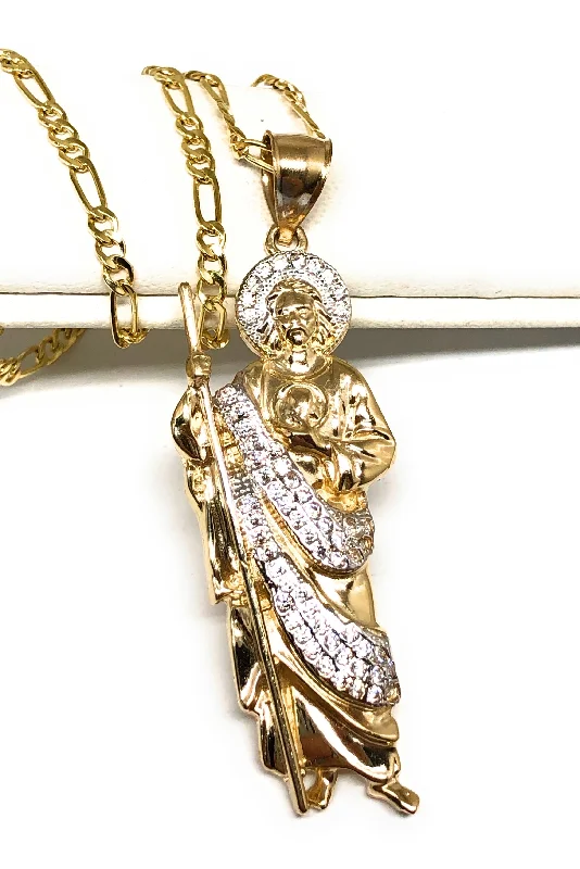 14k Solid Gold Yellow White CZ Saan Judas Saaint Jude Pendant with Chain Optional (MED)