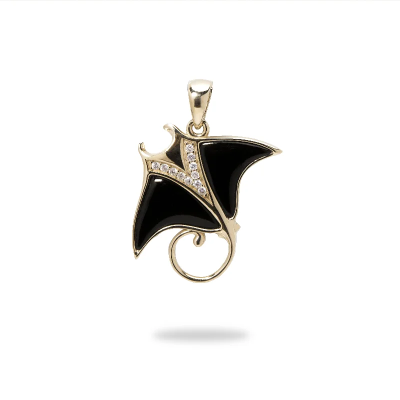 Sealife Manta Ray Black Coral Pendant in Gold with Diamonds - 21mm