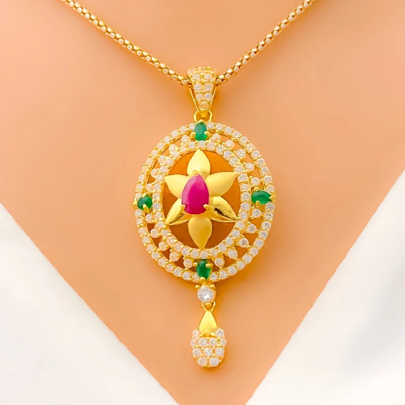 Bold Floral Oval 22k Gold CZ Pendant Set