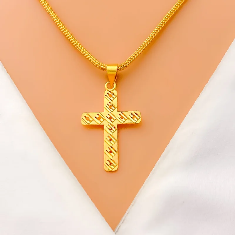 Bright Faceted Square 22k Gold Cross Pendant