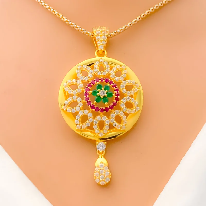 Festive Open Flower 22k Gold CZ Pendant Set