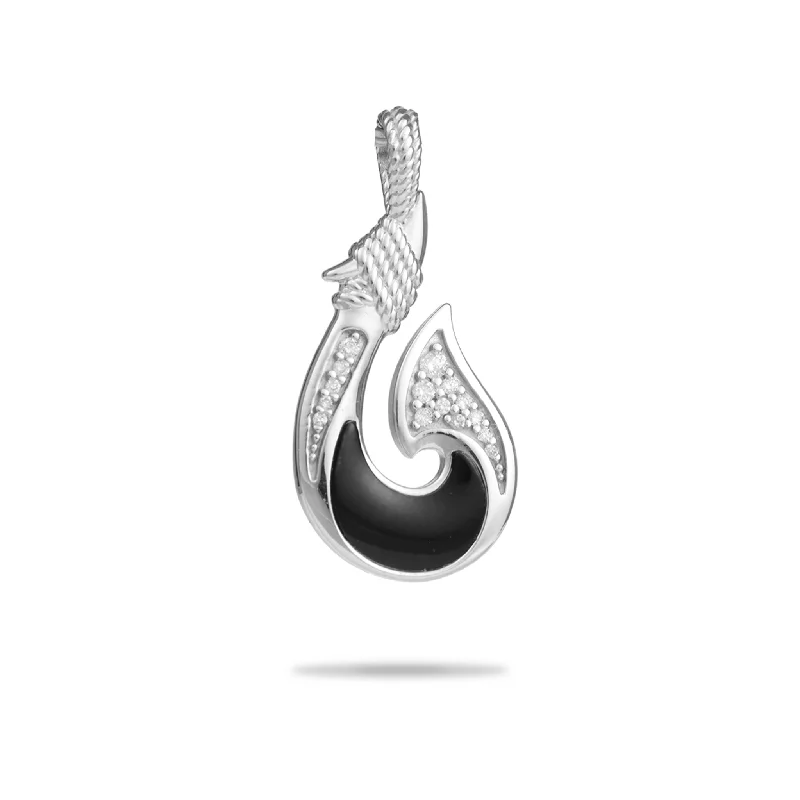 Sealife Fish Hook Black Coral Pendant in White Gold with Diamonds - 27mm