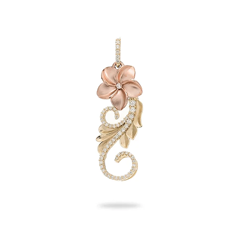 Hawaiian Heirloom Plumeria Pendant in Two Tone Gold with Diamonds - 30mm