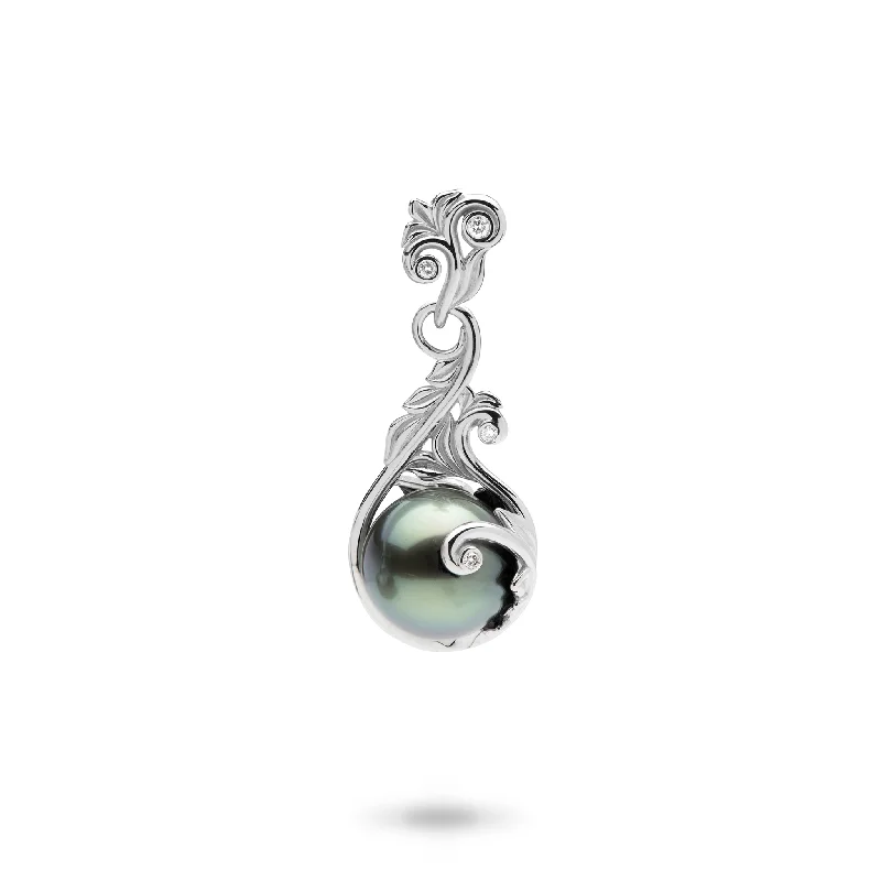 Living Heirloom Tahitian Black Pearl Pendant in White Gold with Diamonds - 9-10mm