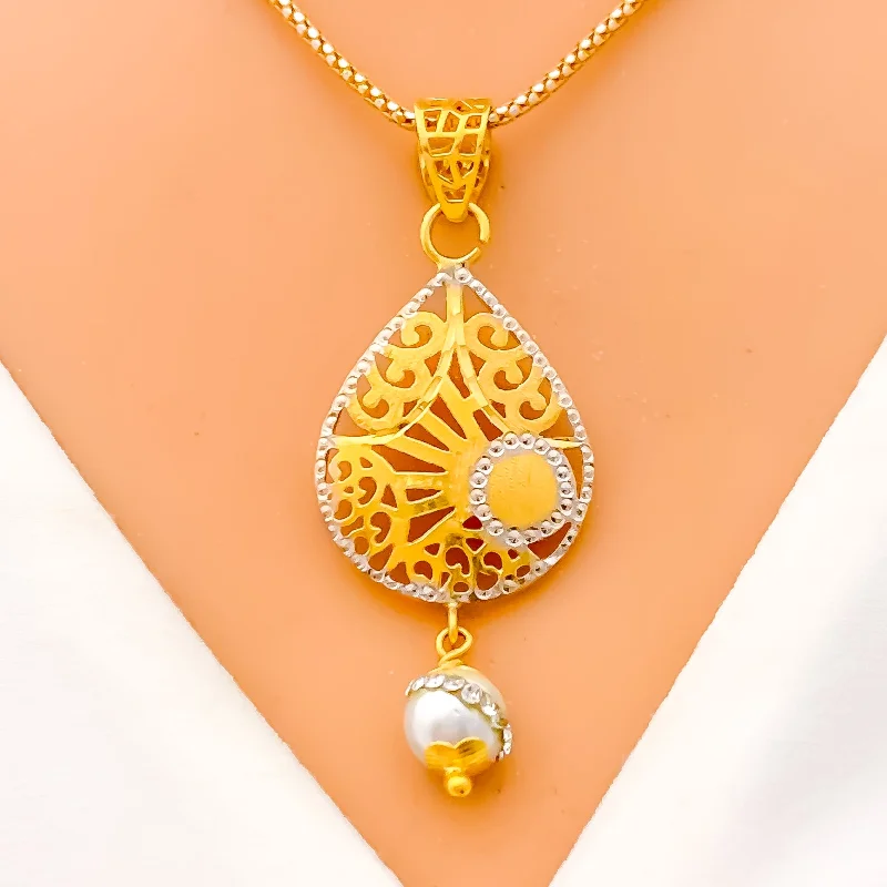 Ornate Vintage Drop 22k Gold CZ Pearl Pendant Set