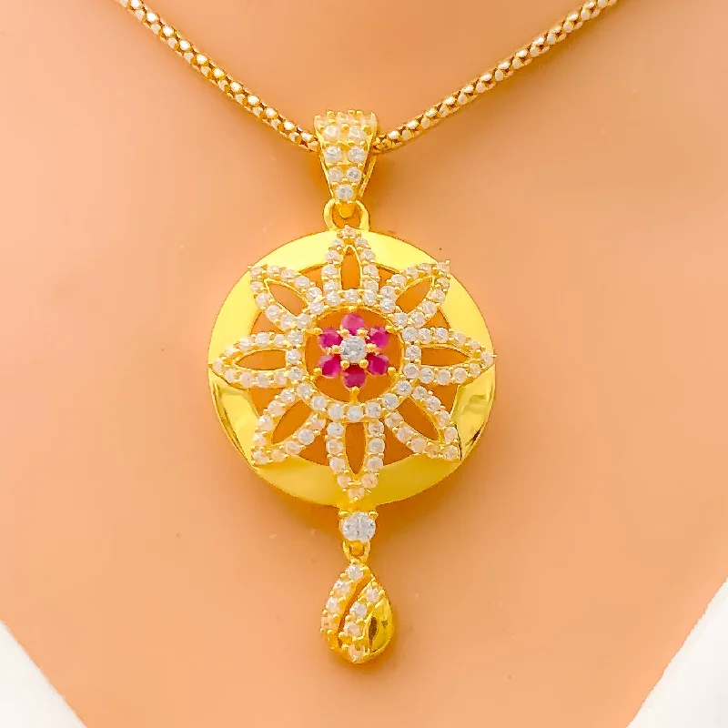 Reflective Domed Flower 22k Gold CZ Pendant Set