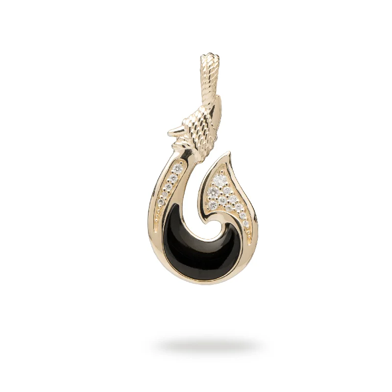 Sealife Fish Hook Black Coral Pendant in Gold with Diamonds - 27mm