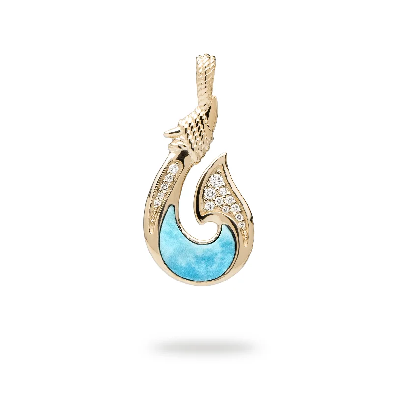 Sealife Fish Hook Turquoise Pendant in Gold with Diamonds - 27mm