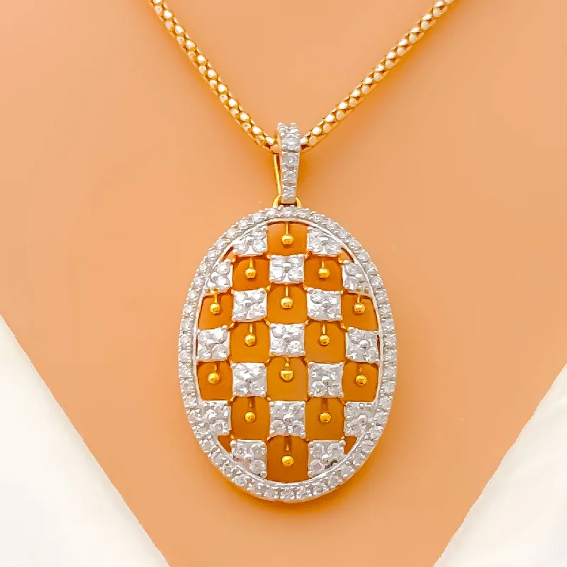 Unique Checkered Diamond 18k Gold Pendant Set