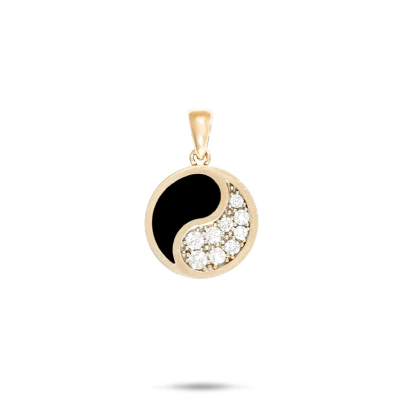 Yin Yang Black Coral Pendant in Gold with Diamonds - 15mm