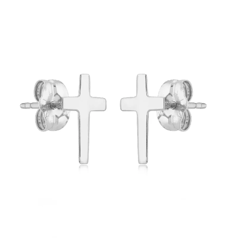 14K White Gold Pl Narrow Cross Earrings