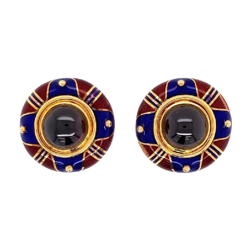 18K YG 31.74tcw Cabochon Rhodolite Garnet, Blue & Red Enamel Clip Earrings 39.8g, 1.2’ Regard