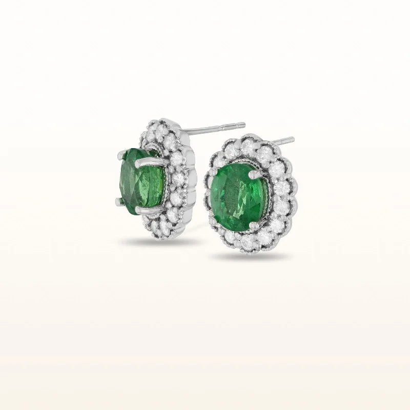 5.30 ctw Oval Tsavorite Garnet and Diamond Halo Earrings in 14kt White Gold