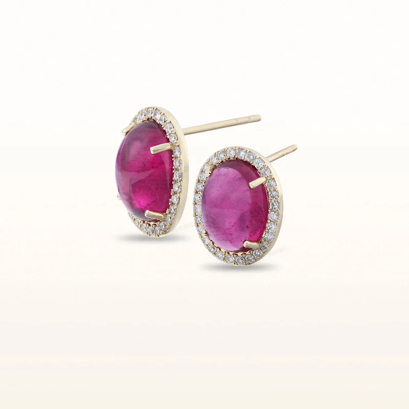 7.42 ctw Oval Rubellite and Diamond Halo Earrings in 14kt Yellow Gold