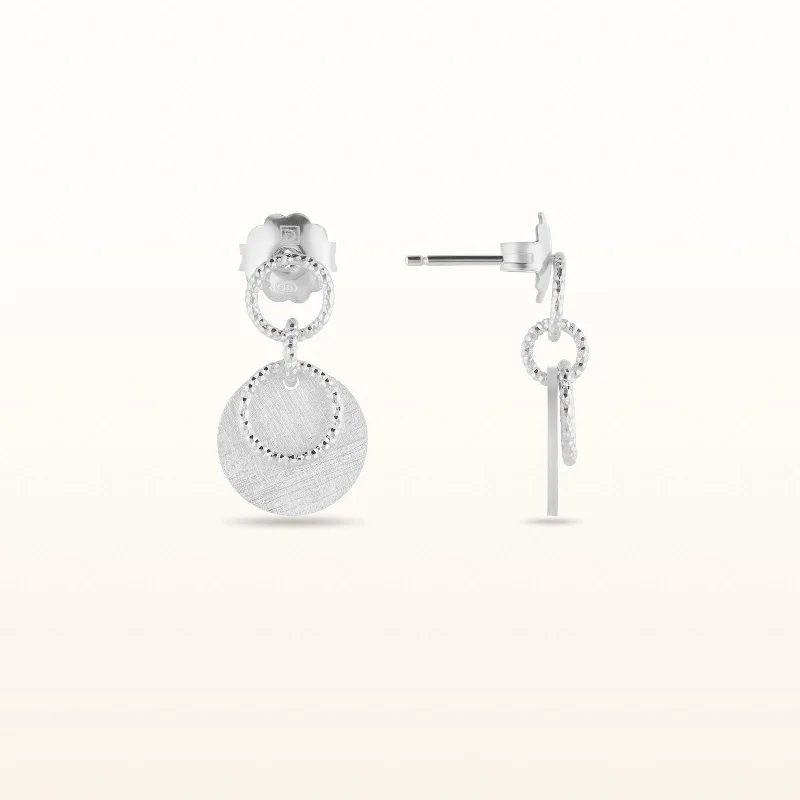 925 Sterling Silver Brushed Disc and Circle Link Petite Drop Earrings