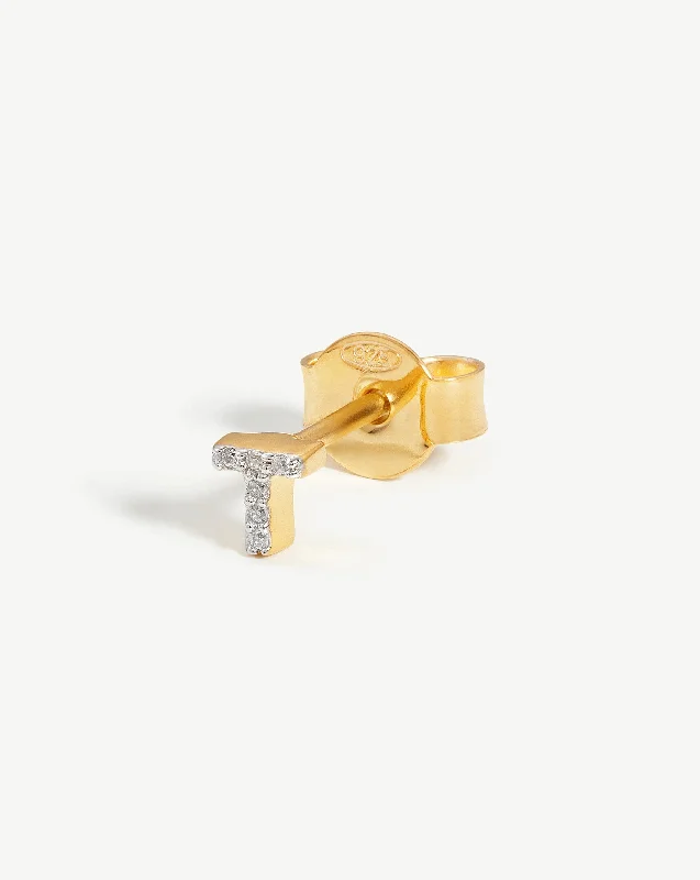 infinity knot wedding band Pave Initial Single Stud Earring - Initial T | 18ct Gold Vermeil/Cubic Zirconia