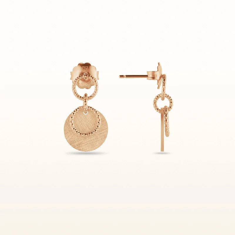 Rose Gold Plated 925 Sterling Silver Brushed Disc and Circle Link Petite Drop Earrings