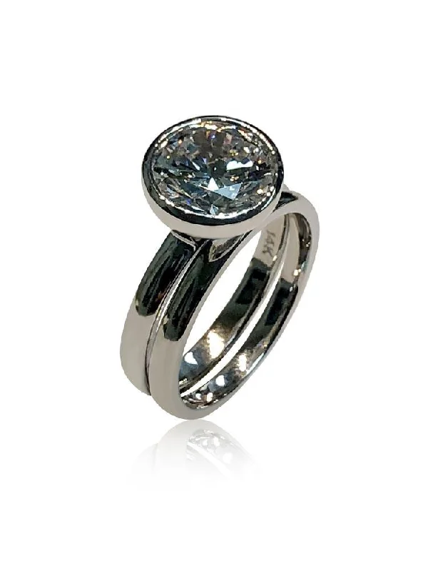 Round Brilliant 3.5 Carat Cubic Zirconia Ring in Bezel with matching Band 14k white gold