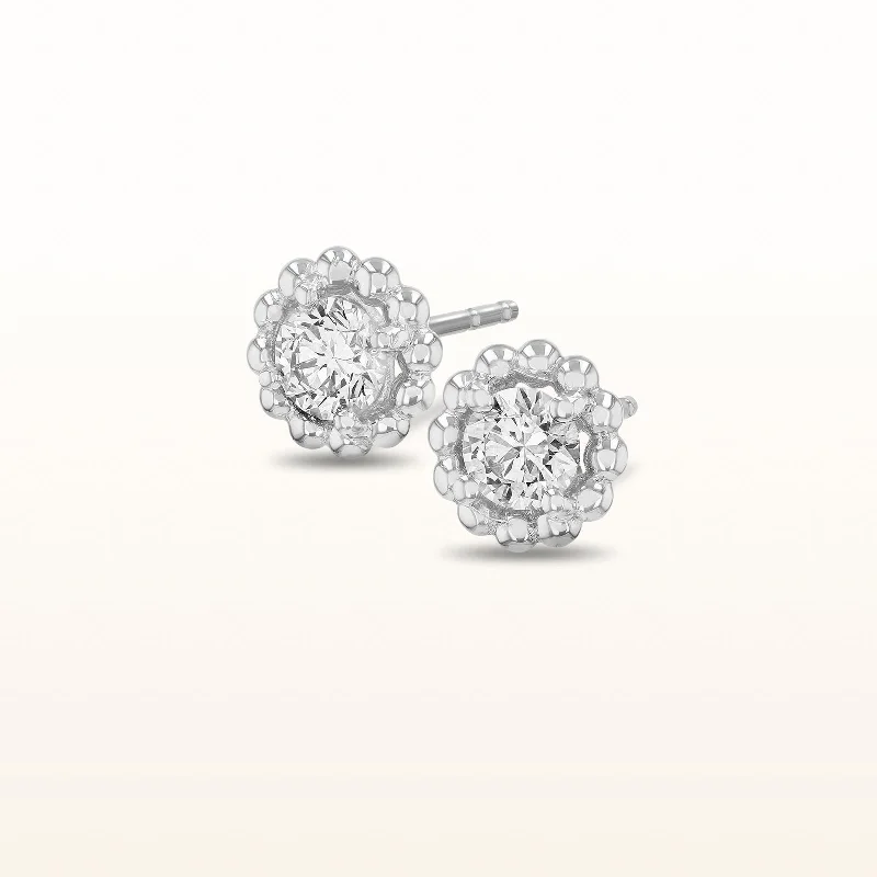 0.50 ctw Round Diamond Beaded Halo Stud Earrings