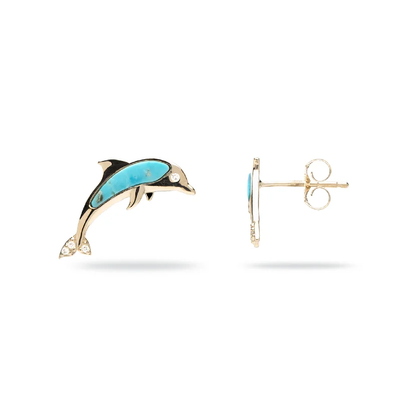 Sealife Dolphin Turquoise Earrings in Gold with Diamonds