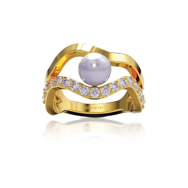diamond wedding band for women Ponza 18K Gold Plated Ring w. Zirconias & Pearl