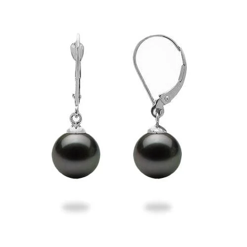 Tahitian Black Pearl Earrings in White Gold - 9-10mm