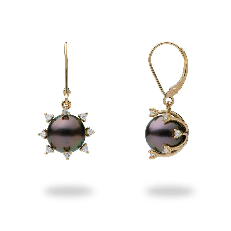 Protea Tahitian Black Pearl Earrings in Gold with Diamonds - 9-10mm