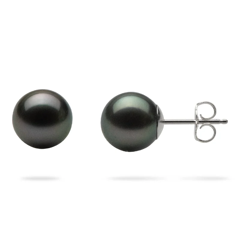 Tahitian Black Pearl Earrings in White Gold - 9-10mm