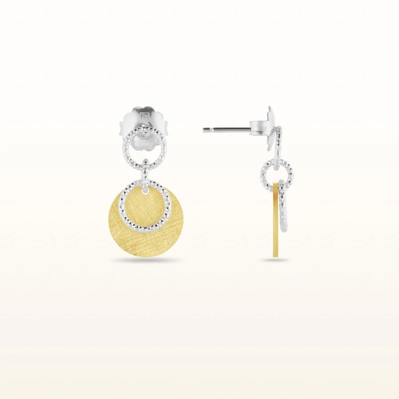 Two-Tone 925 Sterling Silver Brushed Disc and Circle Link Petite Drop Earrings