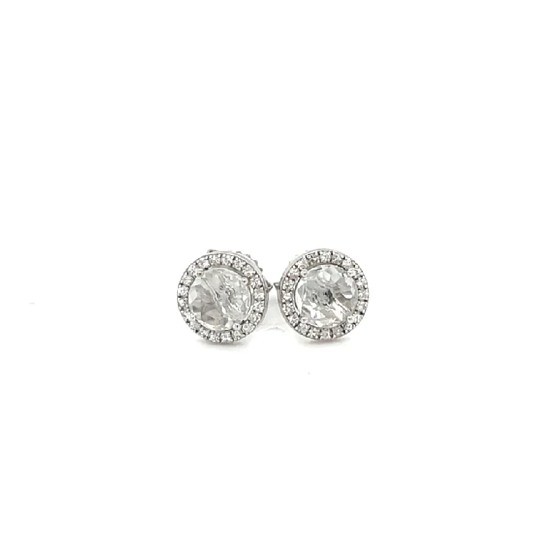 White Sapphire with Diamond Halo Earrings at Regard Jewelry in Austin, Texas