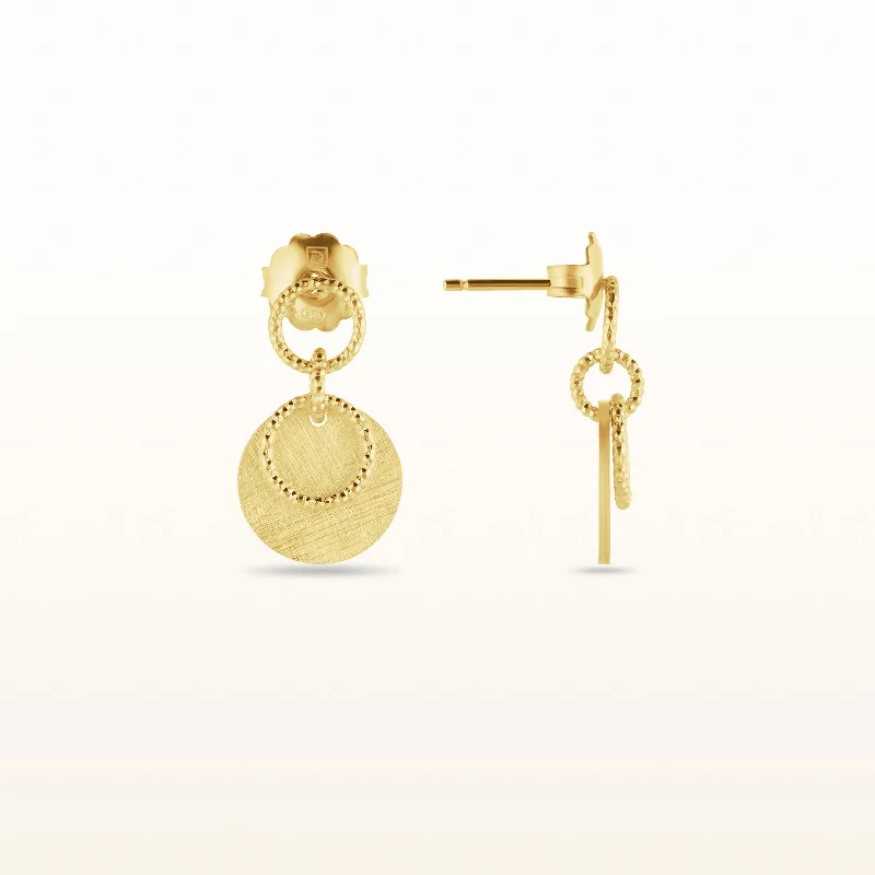 Yellow Gold Plated 925 Sterling Silver Brushed Disc and Circle Link Petite Drop Earrings