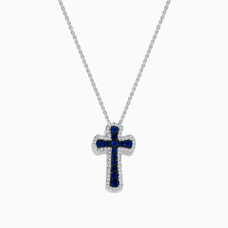 14K White Gold Blue Sapphire & Diamond Cross Pendant, 0.91 TCW