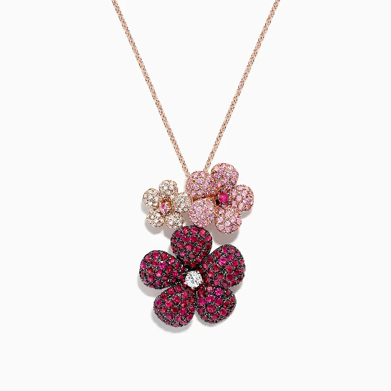 women’s leather wrap bracelet Nature 14K Gold Ruby, Sapphire and Diamond Flowers Pendant, 3.02 TCW