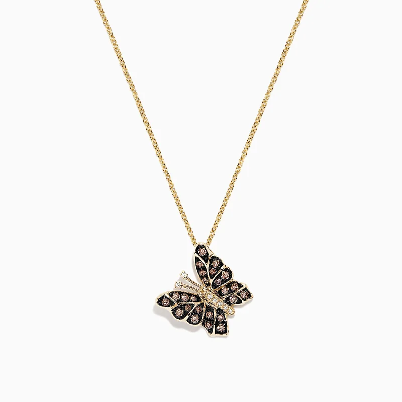 Nature 14K Yellow Gold Espresso Brown and White Diamond Butterfly Pendant