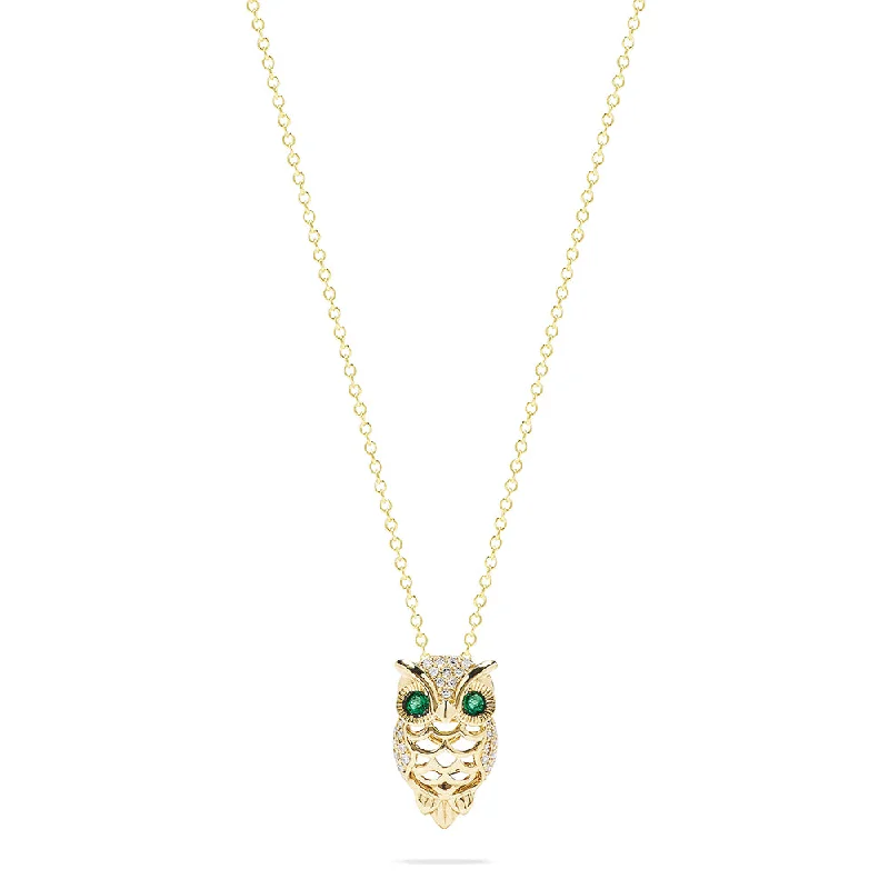 Safari 14K Yellow Gold Emerald and Diamond Owl Pendant, 0.18 TCW