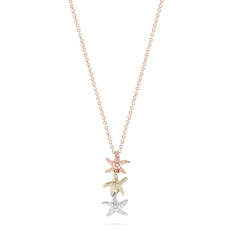 Seaside 14K Tri Color Gold Diamond Starfish Trio Pendant, 0.23 TCW